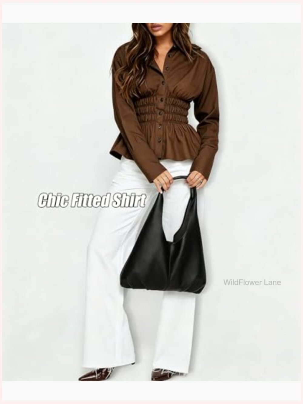 Women Long Sleeve Button Down Fitted Shirts Collared Cinched Waist Tops Office - Picture 6 of 6